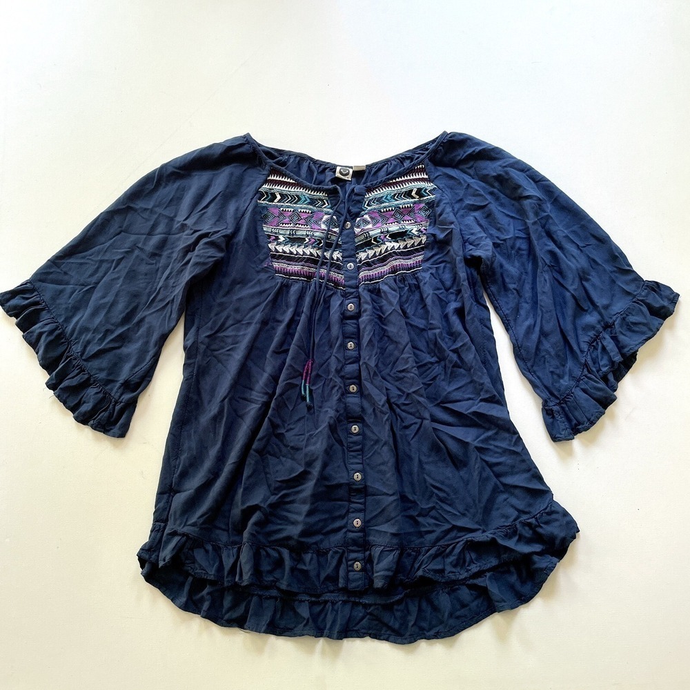 Roxy Women's XS Navy Embroidered Peasant Blouse 3/4 Sleeve Button Front Boho Top